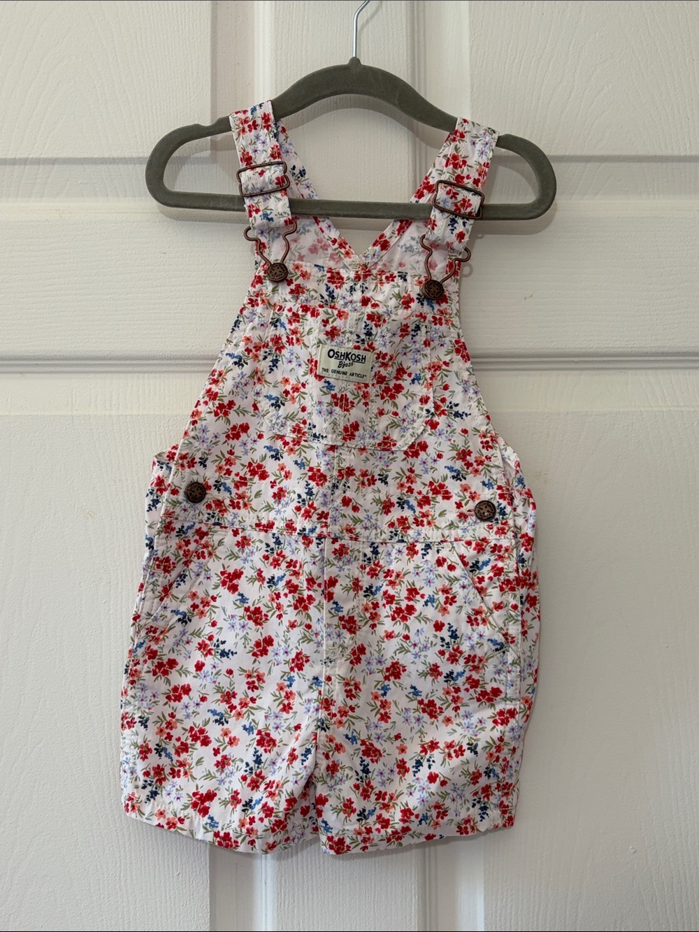 OshKosh B'gosh White Floral Shortalls with Red & Blue Flowers